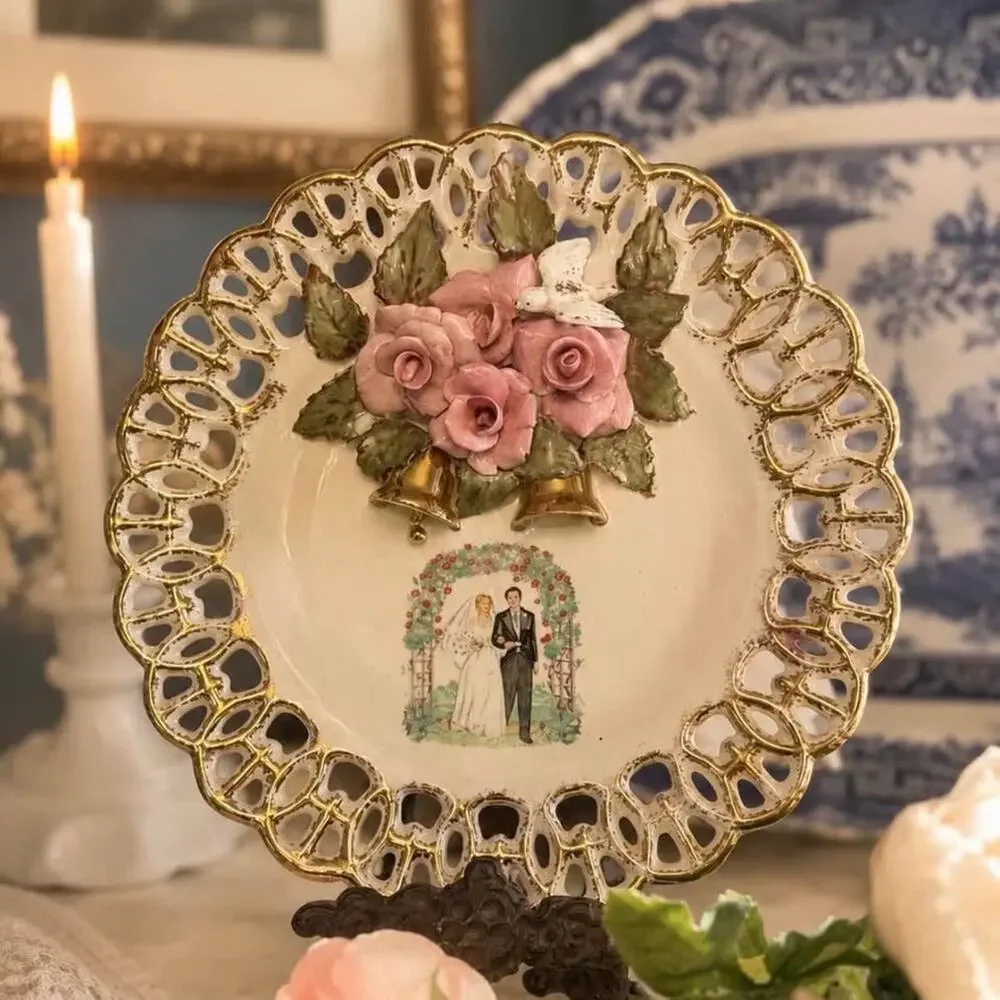 Vintage Wedding Keepsake Plate, Pierced Gold Trim Bride and Groom Plate